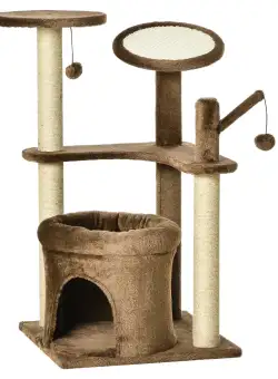 PawHut Arbore de Zgâriat pentru Pisici cu Stâlpi din Sisal, Căsuță și Pernă, Husă din Plus, 87 cm Înălțime, Cafea | Aosom Romania