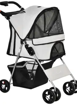 PawHut Carucior pentru Caini Talie Mini si Mica cu 3 Plase cu Fermoar, Carucior pentru Animale, Pliabil din Otel si Tesatura Oxford, 75x46x94cm Rosu