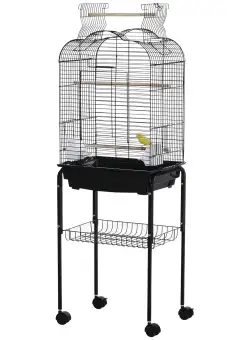 PawHut Colivie pentru Pasari cu 3 Stinghii, 2 Boluri si 2 Usi Laterale, Colivie pentru Animale din Otel, PP si Lemn, 46x36x130 cm, Neagra