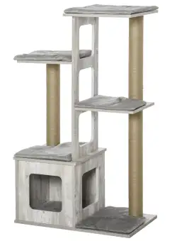 PawHut Copac Zgâriat Pisici, Multinivel, Căsuță, Frânghii Iuta, Design Compact, 67x38.5x114 cm, Gri | Aosom Romania