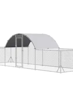 PawHut Cotet pentru Găini în Grădină, Capacitate 12-14 Găini, Oțel Zincat, PE, Copertină, Incuietoare, 600x190x195 cm, Gri Argintiu | Aosom Romania