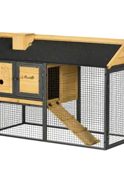 PawHut Cusca de exterior pentru iepuri, cu tava detasabila, curte, rampa, Casa pentru animale mici, 120 x 55.5 x 80 cm | AOSOM RO