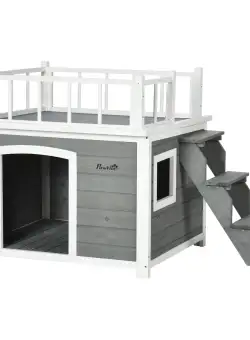 PawHut Cusca Exterior pentru Caini cu Balcon Scări și Picioare Înălțate Rezistentă la Intemperii | Aosom Romania