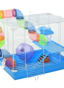 PawHut Cusca pentru hamster cu 2 niveluri cu rezervor de apa, tava detasabila, tunel si roata pentru hamster, 46x30x37cm, albastru si alb