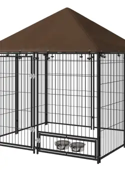 PawHut Gard pentru Câini din Metal cu Ușă pentru Boluri, Gard pentru Câini de Exterior cu Acoperiș, 141x141x151 cm, Negru și Maro