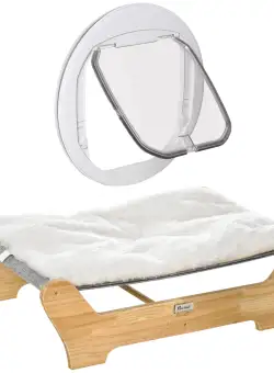 PawHut Set 2 Usa pentru pisici din lemn de pin cu perna detasabila si usa pentru pisici PC cu 4 optiuni de acces, culoare alb gri si lemn