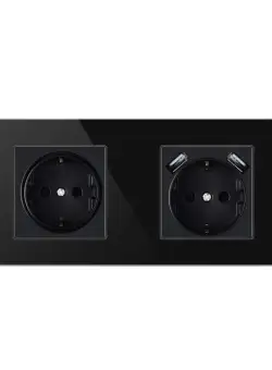 Priza Techstar® Crystal TSU2, Dubla, 2 x USB, 2.1 A, Culoare Negru Onyx, Sticla Securizata, 16A