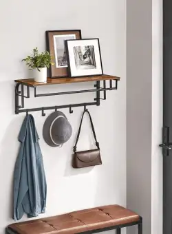 Raft De Perete Cu 5 Carlige Detasabile, Vintage Maro Si Negru, 80 Cm