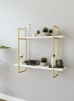 Raft De Perete Hagen cu 2 Rafturi cadru Metal, Aur, 60 X 50 X 15 Cm