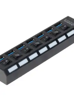 Resigilat USB Hub Techstar® HB6, 3.0 High Speed, 7 Port USB 3.0, Buton On/Off, Conexiune USB 3.0 de mare vitezam Alimentator Extern