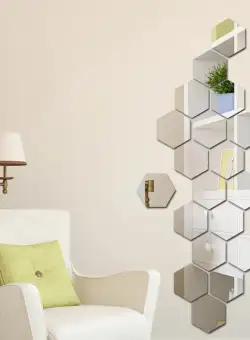 Set 12 oglinzi acrilice autoadezive decorative forma hexagon, diametru 7, 13, 20 si 23 cm