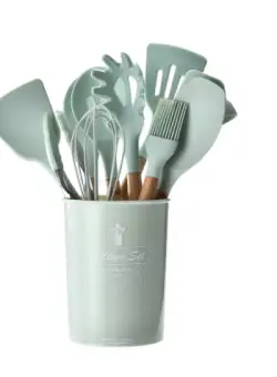 Set 13 ustensile de gatit din silicon, maner rezistent din bambus