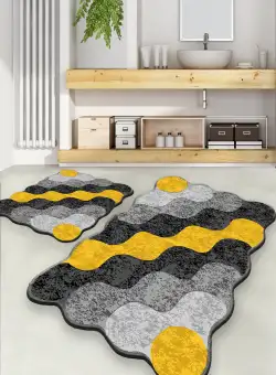 Set 2 covorase baie Circle, Galben/Antracit/Gri, 100% poliester, 50 x 60 cm / 60 x 100 cm