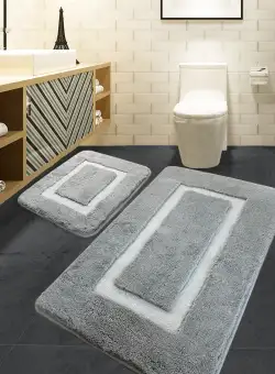 Set 2 covorase baie Quadrato Frame, Gri, 100% acrilic, 50 x 60 cm / 60 x 100 cm