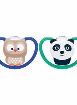 Set 2 suzete Nuk Space Silicon M2 Panda, 6-18 luni (Albastru/Verde)