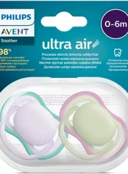 Set 2 suzete Philips-Avent SCF085/24, ultra air pacifier 0-6 luni, Ortodontice, fara BPA, Mov/Verde