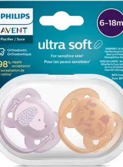 Set 2 suzete Philips-Avent SCF091/18, ultra soft 6-18 luni, Ortodontice, fara BPA, Flori/Catelus