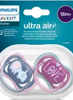 Set 2 suzete Philips-Avent SCF349/22, ultra air 18+ luni, Ortodontice, fara BPA, Love/Elefant