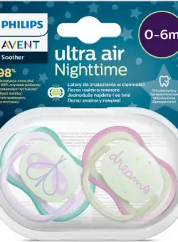Set 2 suzete Philips-Avent SCF376/19, ultra air NightTime 0-6 luni, Ortodontice, fara BPA, Fosforescent, Dreams/Fluturas