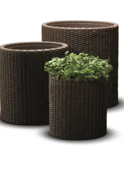 Set 3 ghivece imitatie ratan maro Keter Cylinder S M L