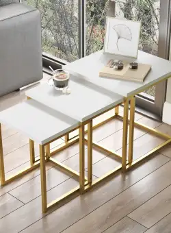 Set 3 Masute de Cafea Eylul, Alb - Negru - Aur, 40 x 42 x 40 - 35 x 39 x 35 - 30 x 36 x 30 cm