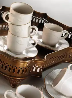 Set 6 cesti + 6 farfurii, Portelan, Alb - Crem