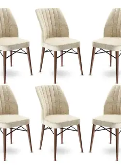 Set 6 scaune Flex, Crem/Maro, textil, picioare metalice