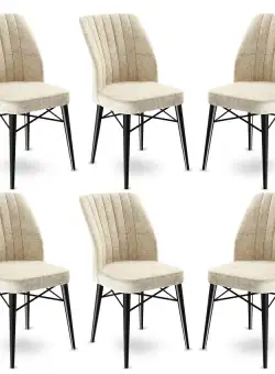 Set 6 scaune Flex, Crem/Negru, textil, picioare metalice