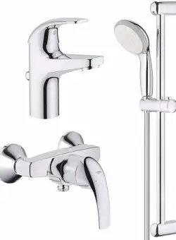 Set baterii Grohe Start Curve cu baterie lavoar baterie dus si set de dus cu bara crom