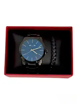 Set Ceas Analog, Curea Metalica, Cadran Albastru si Bratara Piele Naturala, Matteo Ferari, Negru