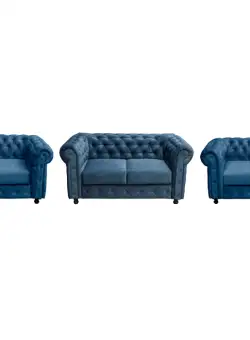 Set CHESTERFIELD 2-1-1, canapea fixa 2 locuri si 2 fotolii fixe, albastru