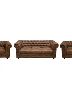 Set CHESTERFIELD 3-1-1, canapea extensibila 3 locuri si 2 fotolii fixe,maro