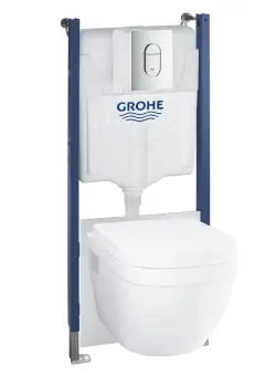 Set complet Grohe Solido 5-in-1 cu vas wc Euro Ceramic capac inchidere lenta rezervor incastrat cu cadru si clapeta Arena Cosmopolitan crom
