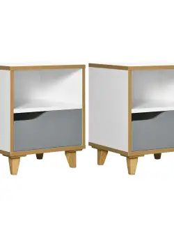 Set de 2 Noptiere Moderne HOMCOM cu Sertar și Raft din Lemn MDF 36,8x33x43,8cm Alb și Gri | Aosom Romania
