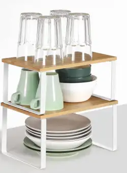 Set De 2 Organizatoare Extensibile Pentru Rafturi Dulap, Alb Si Natur, 29.7 Cm