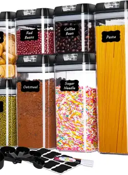 Set de 7 recipiente pentru alimente, plastic, transparent,capac negru, potrivite pentru depozitarea de cereale