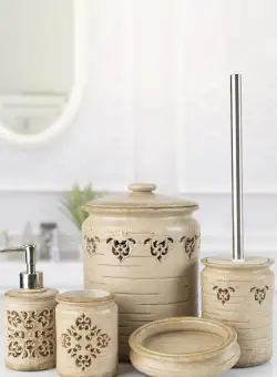 Set de Baie Lux Freda, Bej, Dozator de sapun, Perie, Suport de periuta de dinti, Sapuniera, Coș de Gunoi