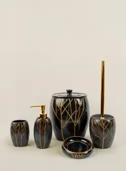 Set de Baie Lux Lioni, Maro, Dozator de sapun, Perie, Suport de periuta de dinti, Sapuniera, Coș de Gunoi