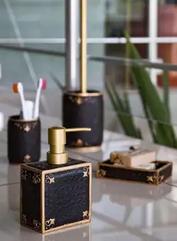 Set de Baie Lux Luxton, Negru, Dozator de sapun, Perie, Suport de periuta de dinti, Sapuniera