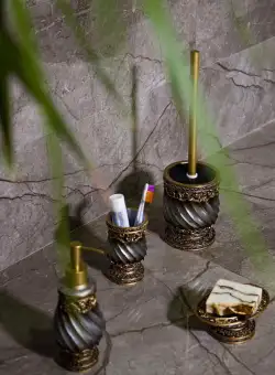 Set de Baie Lux Queen, Bronz, Dozator de sapun, Perie, Suport de periuta de dinti, Sapuniera