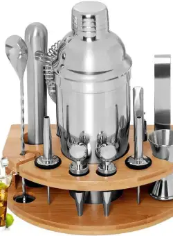 Set de barman pentru preparare de bauturi cocktail, 11 piese cu suport din bambus