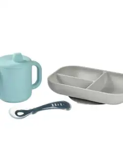 Set de masa silicon cu cana, 4 piese, Beaba Blue