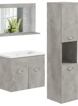 Set de Mobilier de Baie din 3 Piese, Montare pe Perete, cu Dulap cu Oglinda, Dulap de Depozitare Inalt, Gri Kleankin | Aosom RO