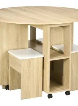 Set dining 4 persoane HOMCOM, masa de bucatarie cu extensie plianta, rotile, 4 scaune, culoare stejar | Aosom RO