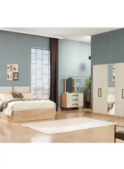 Set Dormitor ALYANS, 6 piese, pat cu somiera rabatabila 160x200 cm, dulap 5 usi, comoda, oglinda, 2 noptiere