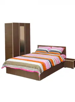 Set dormitor CORINNE, 4 piese, pat 140x200 cm, dulap 3 usi, 2 noptiere, nuc, cant vanilie