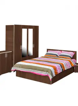Set dormitor CORINNE, 5 piese, pat 140x200 cm, dulap 4 usi, 2 noptiere, comoda, nuc, cant vanilie