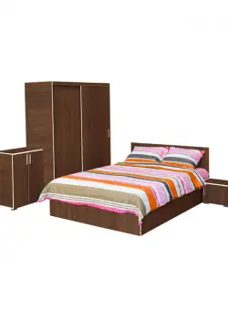 Set dormitor CORINNE, 5 piese, pat 160x200 cm, dulap usi glisante, 2 noptiere, comoda, nuc, cant vanilie