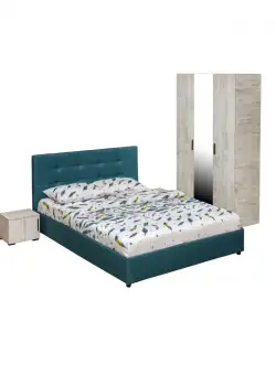 Set dormitor ECONO, 4 piese, pat 160x200 cm, dulap 3 usi, 2 noptiere, pin antichizat + turcoaz
