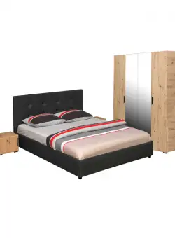 Set dormitor ECONO, 4 piese, pat 160x200 cm, dulap 4 usi, 2 noptiere, artisan + gri antracit